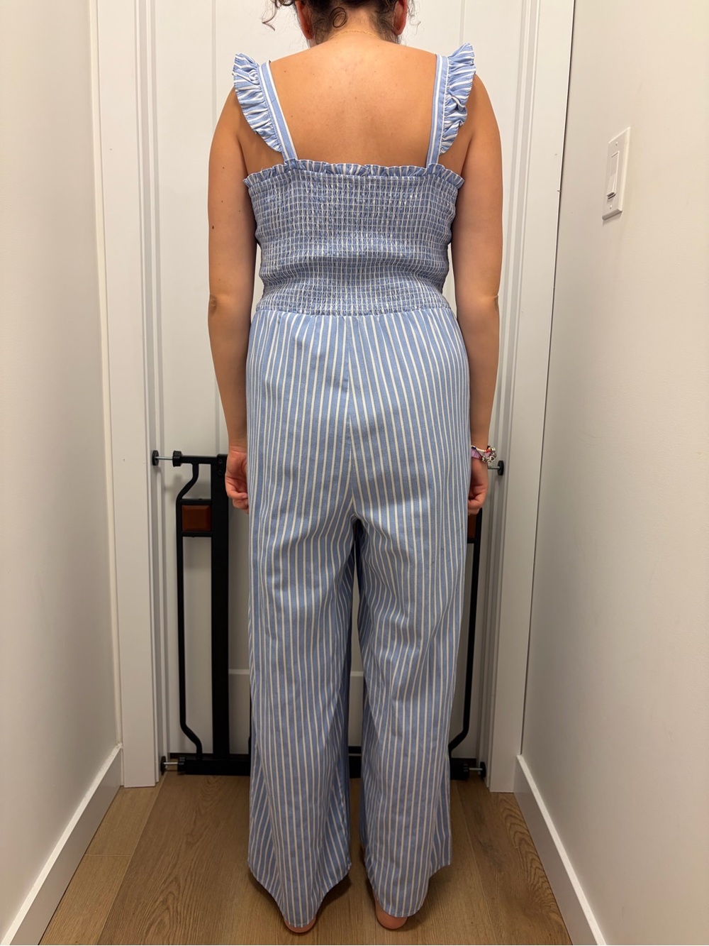 Striped Smocked Wide-Leg Jumpsuit in Blue & White - Picture 3 of 3